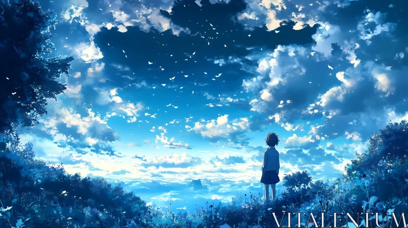 AI ART Girl Gazing at Cloudy Blue Sky