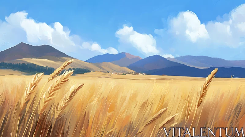 AI ART Wheat Field and Mountain Landscape