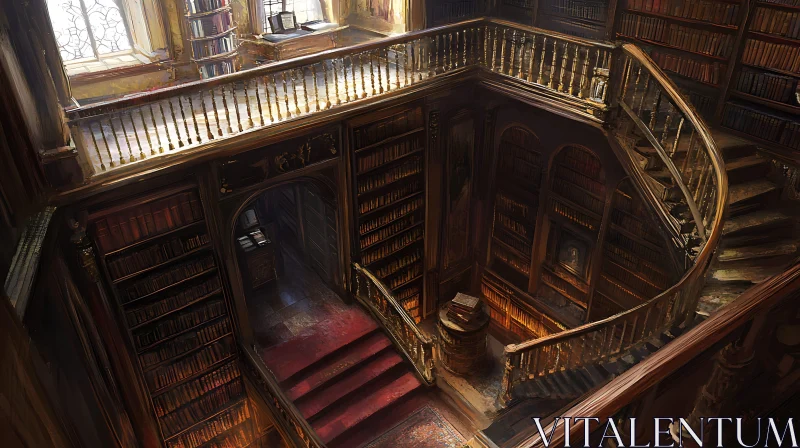 Vintage Library with Books and Stairs AI Image