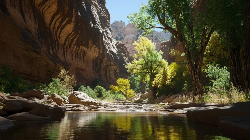 Canyon Landscape with River and Sunlit Trees