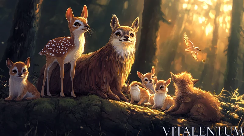 Whimsical Deer and Fox Gathering in Woods AI Image