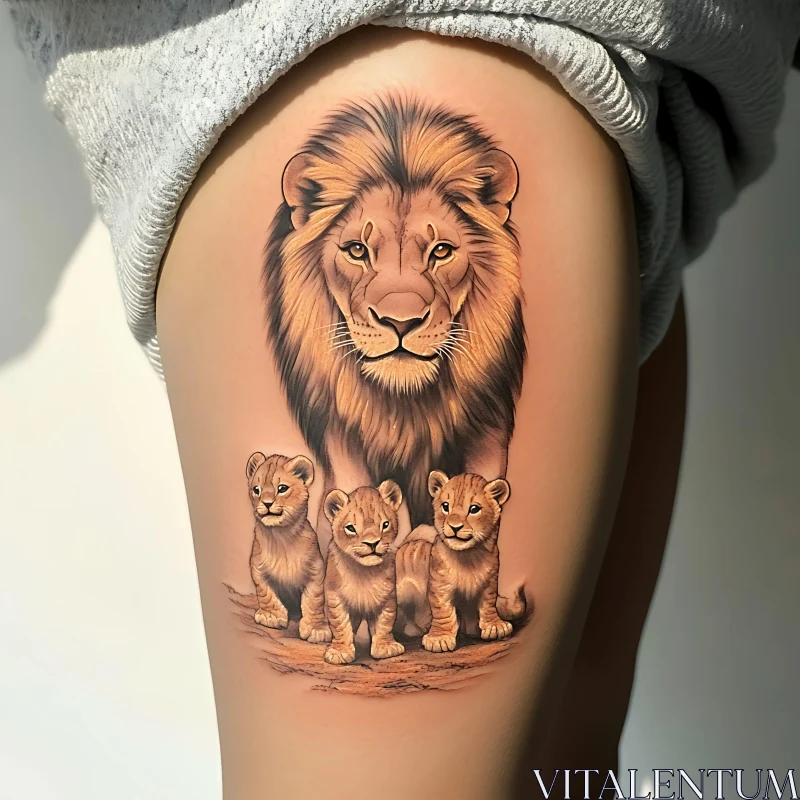 Majestic Lion Protecting Cub Tattoo AI Image