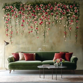 Floral Wall and Green Couch Interior