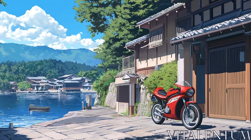 Red Motorcycle by Serene Japanese Lake AI Image