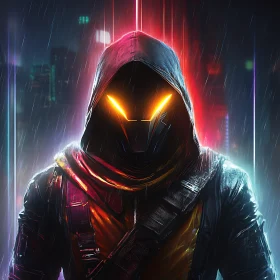 Cyberpunk Hooded Figure in Neon Rain