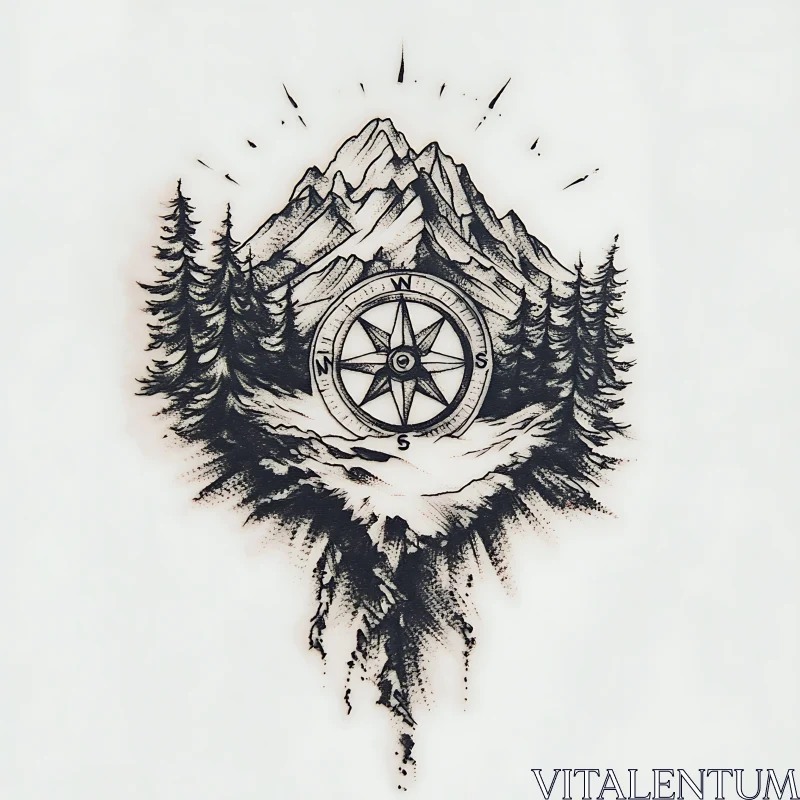 Monochrome Mountain Compass Art AI Image