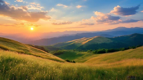 Sunset over Green Hills and Mountains