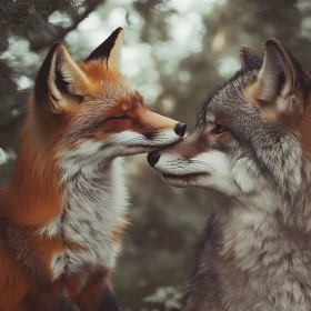 Wildlife Affection: Fox and Wolf Portrait