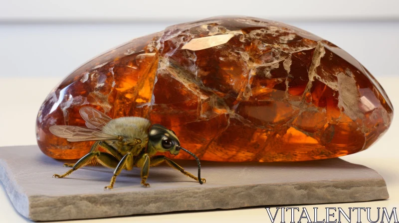 AI ART Amber Glass Bee Model on Beige Rock: A Study in Iridescence