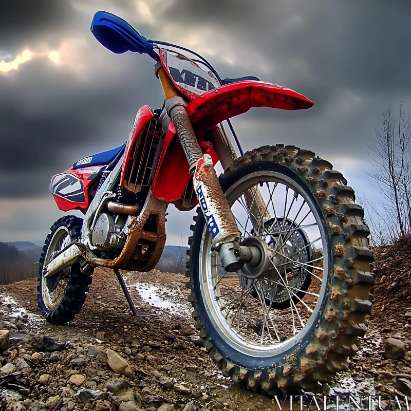 Muddy Motorcycle Under Cloudy Sky AI Image