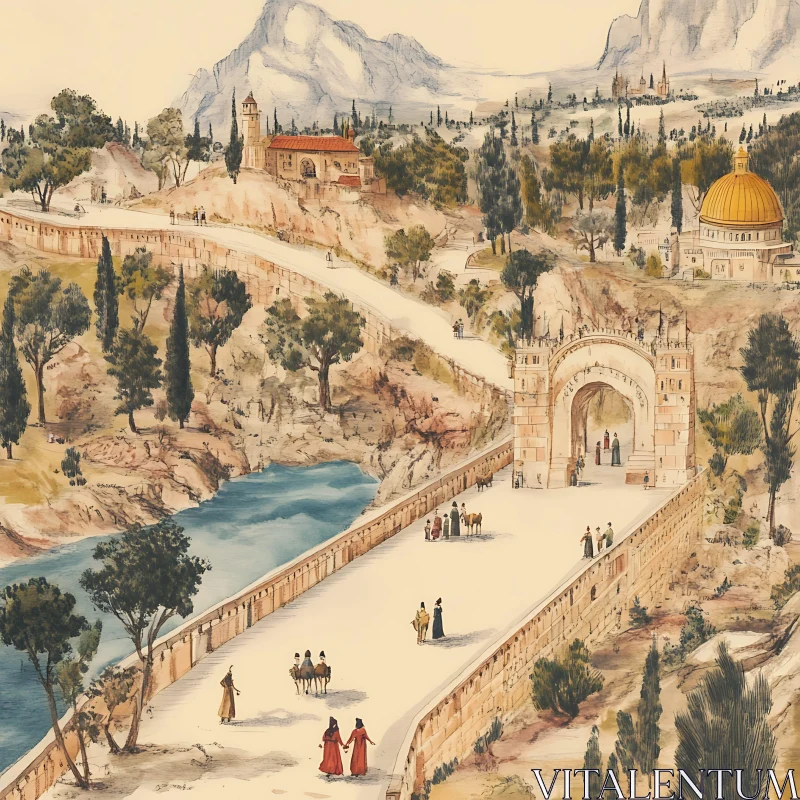 AI ART Ancient Bridge Scene with Distant Mountains