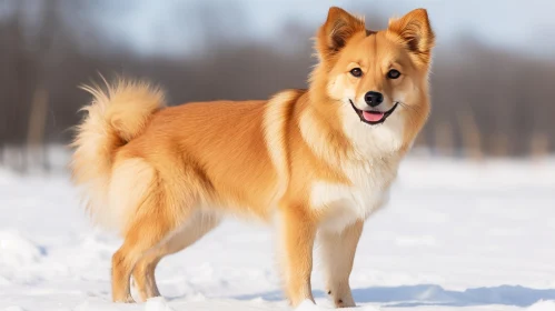 Brown Dog in Snow - A Joyful Blend of Light Gold and Japanese Influence