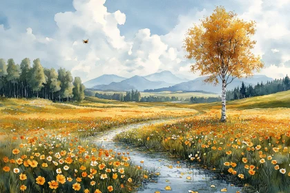 Autumn Meadow Watercolor Art