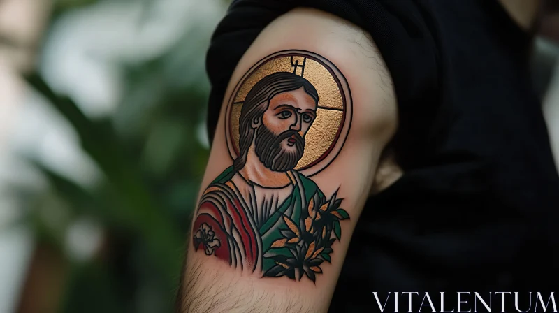 Saint Portrait Arm Tattoo with Gold Halo AI Image