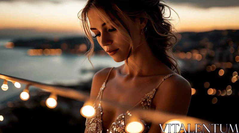 Captivating Sunset Scene with a Serene Woman in a Silver Sequined Dress AI Image