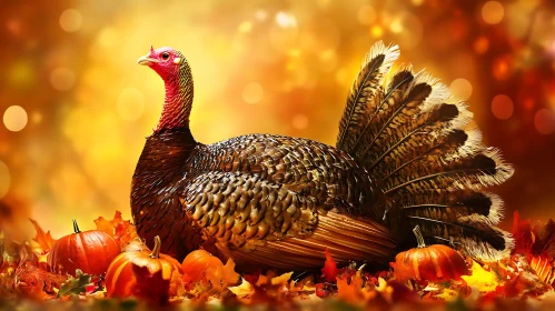 Autumnal Turkey Scene with Pumpkins