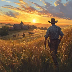 Golden Field Cowboy at Sunset