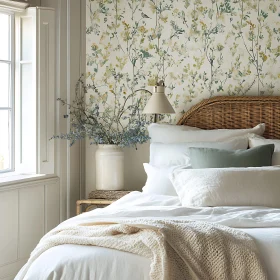 Calm Bedroom with Floral Wallpaper and White Bedding