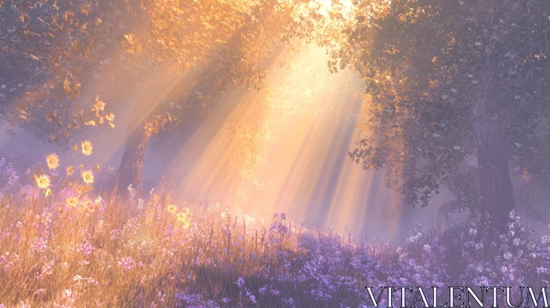 Serene Meadow with Sunlight Filtering Through Trees AI Image