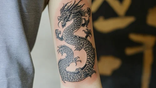 Intricate Dragon Tattoo on Arm in Black Ink