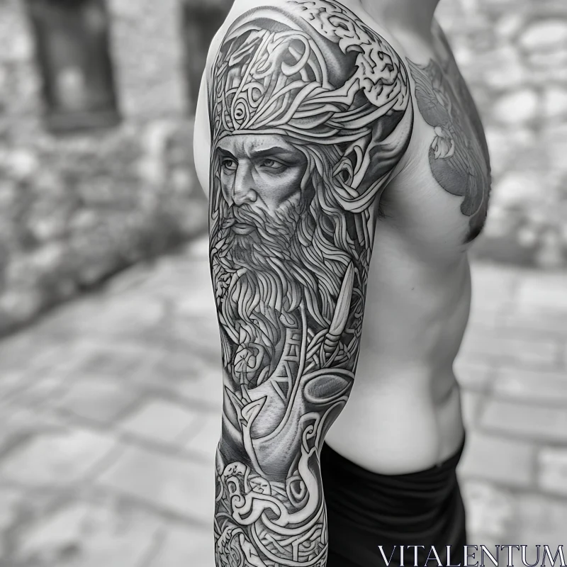 Intricate Black and White Arm Tattoo with Norse Mythological Elements AI Image