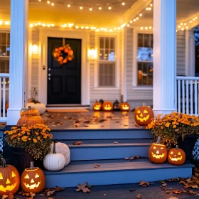 Festive Halloween Porch with Carved Pumpkins