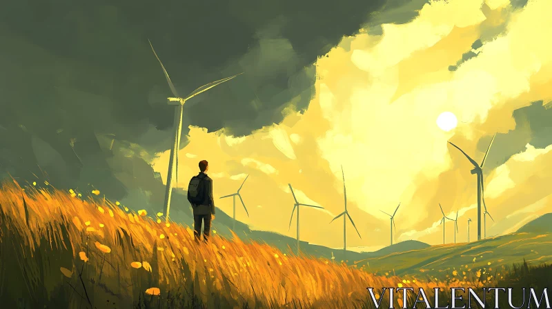 AI ART Wind Turbines in Golden Light