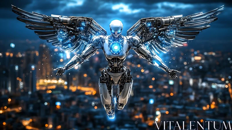 Advanced Robotic Entity Soaring Above Urban Landscape AI Image