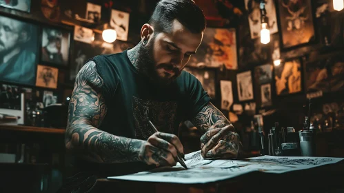 Focused Tattoo Artist Drawing in Dimly Lit Studio