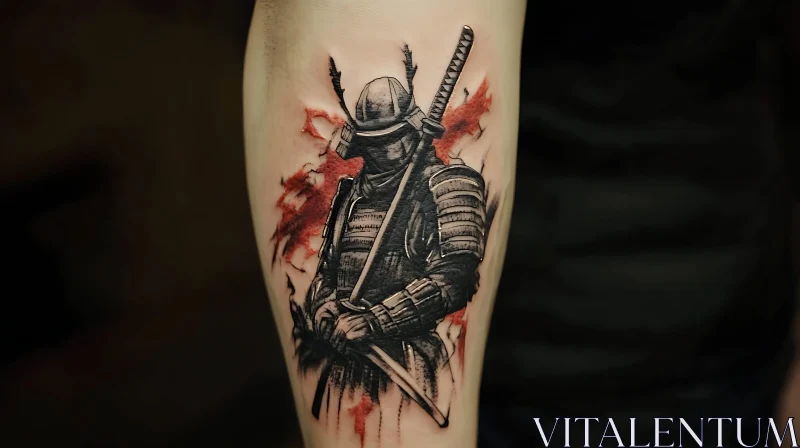 Detailed Samurai Tattoo with Red and Black Shades AI Image