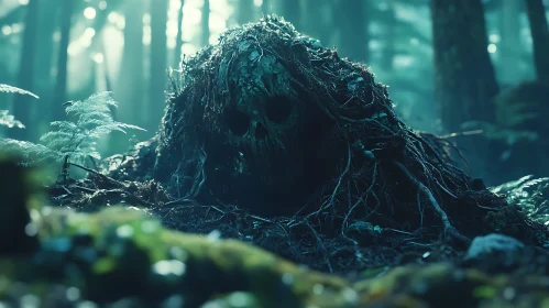 Mystical Skull Face in Dark Forest