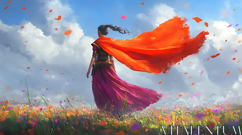 AI ART Woman in Field with Orange Cloth