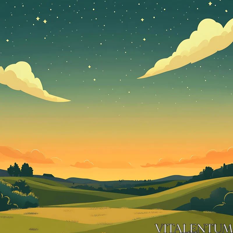 AI ART Starlit Sky and Sunset Over Green Hills