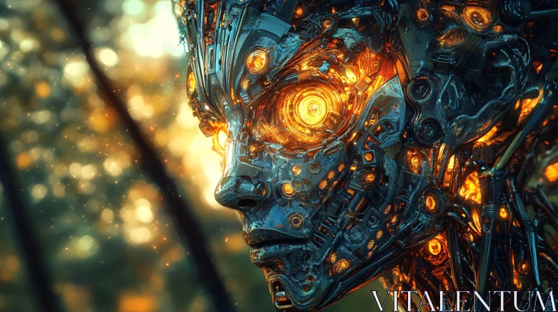 Futuristic Cyborg with Glowing Orange Eyes AI Image