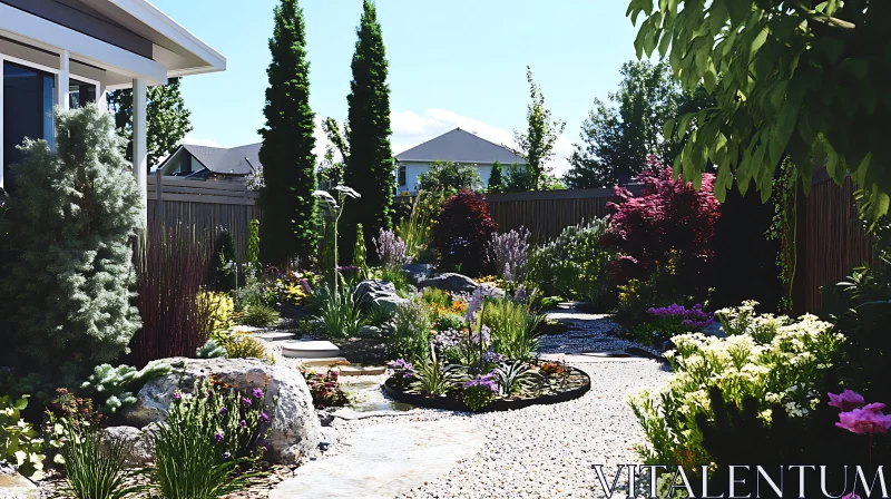 Backyard Garden with Stone Path and Plants AI Image