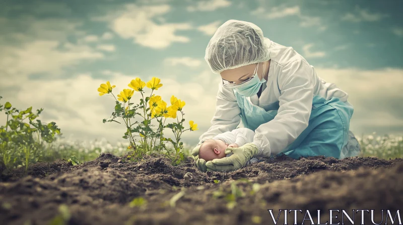 Newborn Protected in a Field of Flowers AI Image