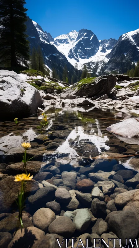 Serene Small Lake with Crystal Clear Water and Beautiful Flowers AI Image