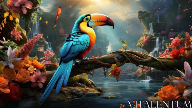 Tropical Bird Over Waterfall: A Mesmerizing Nature-inspired Artwork AI Image