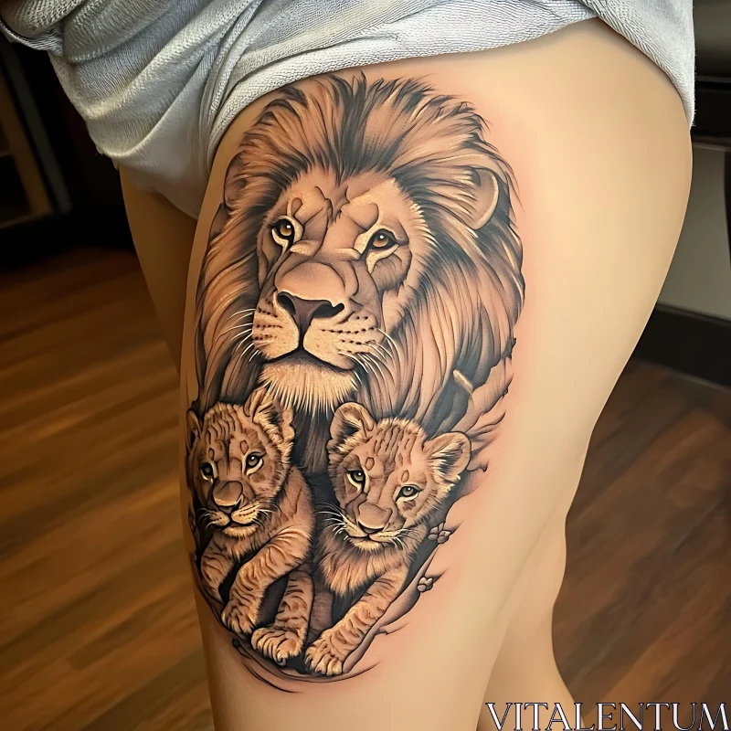 Regal Lion and Adorable Cubs Thigh Tattoo
