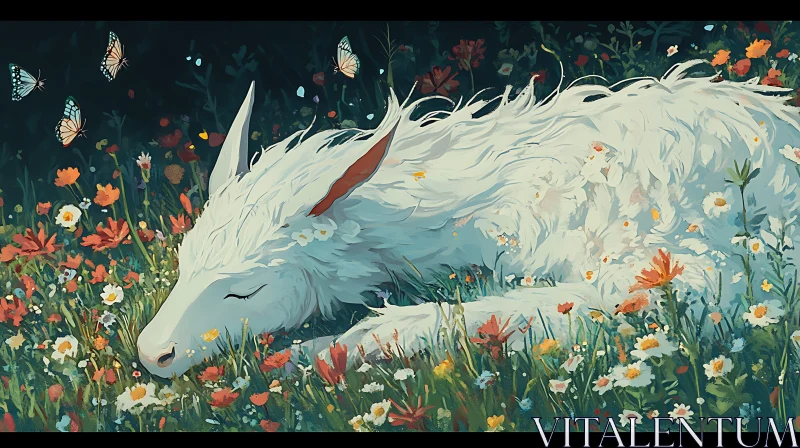 White Beast Sleeping in Wildflowers AI Image
