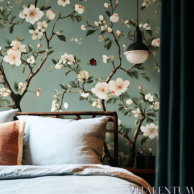 Bedroom with Floral Wallpaper