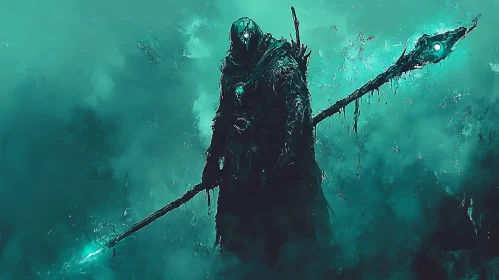 Mystical Figure with Glowing Staff