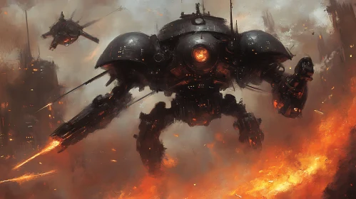 Futuristic Robot in Post-Apocalyptic Battle