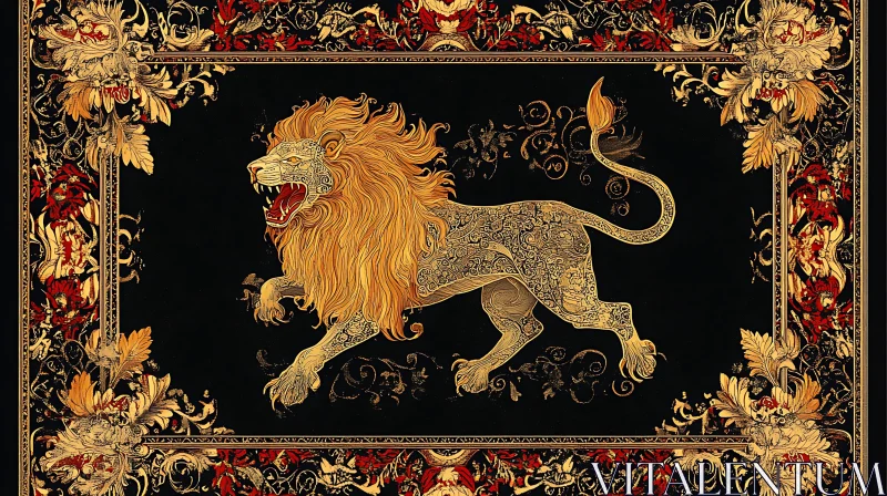 Ornate Lion Artwork with Floral Frame