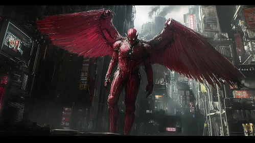 Winged Cyborg in Urban Future