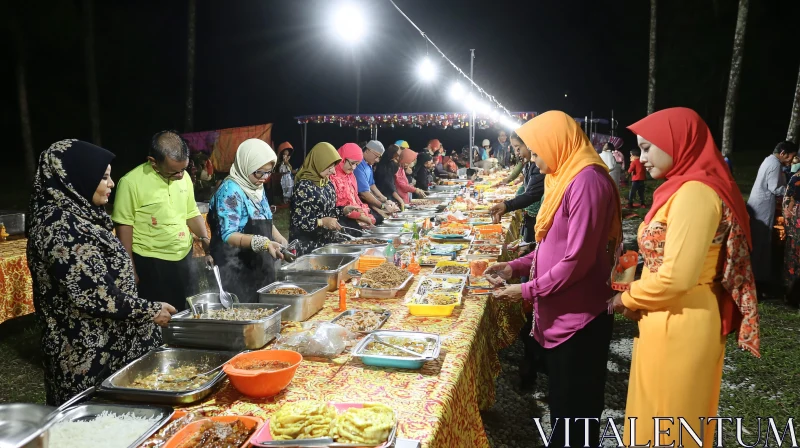 Nighttime Outdoor Celebration with Various Foods AI Image