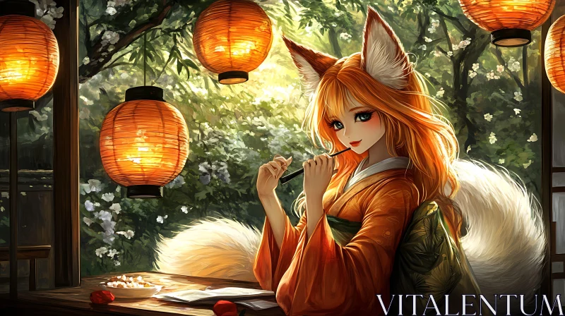 Anime Fox Girl in Kimono with Lanterns AI Image