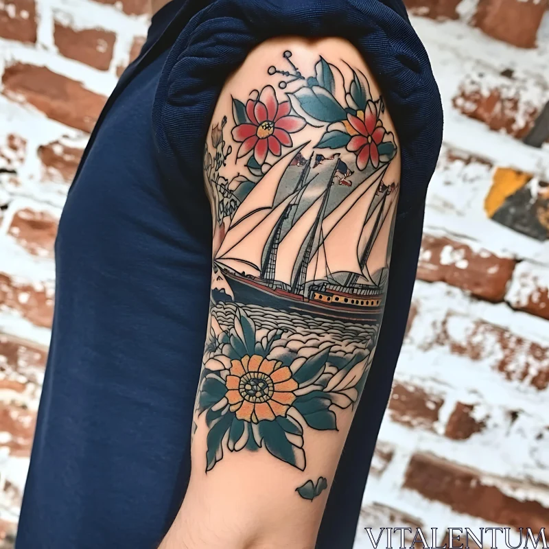 Sailing Ship Arm Tattoo with Floral Elements