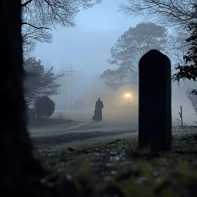 Mysterious Figure in Foggy Landscape