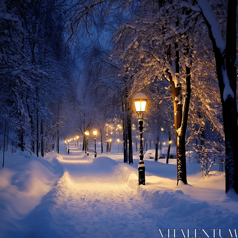 Snowy Park Path at Night